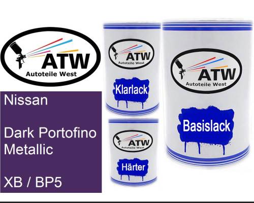 Nissan, Dark Portofino Metallic, XB / BP5: 500ml Lackdose + 500ml Klarlack + 250ml Härter - Set, von ATW Autoteile West.
